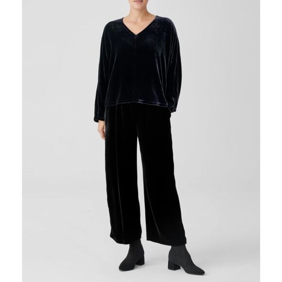 Eileen Fisher Top Pants M/L Black Velvet Set Lagenlook Viscose Silk Medium Large - Picture 1 of 5